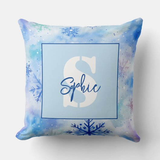 Kerstmis blauwe sneeuwvlokken aangepaste monogram kussen (Voorkant)