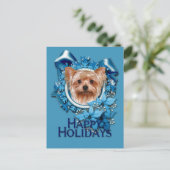 Kerstmis - Blauwe Sneeuwvlokken - Yorkshire Terrie Feestdagenkaart (Staand voorkant)