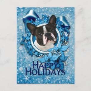 Kerstmis - Blauwe Snowflakes - Boston Terrier Feestdagenkaart