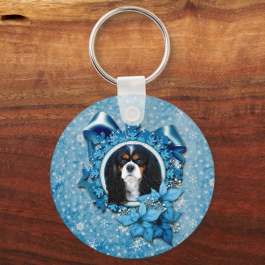 Kerstmis - Blauwe Snowflakes - Cavaliers Sleutelhanger (Voorkant)