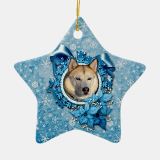 Kerstmis - Blauwe Snowflakes - Siberian Husky Keramisch Ornament (Voorkant)