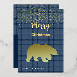 Kerstmis Blauwe Tartan En Gouden Beer Folie Feestdagenkaart
