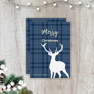 Kerstmis Blauwe Tartan En Hert Folie Feestdagenkaart