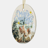 Kerstmis Blauwe Typografie Gebogen Foto Keramisch Ornament (Links)