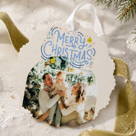 Kerstmis Blauwe Typografie Gebogen Foto  Ornament Kaart