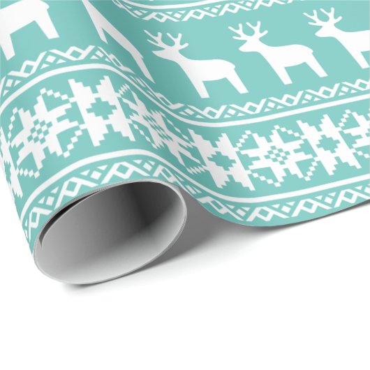 Kerstmis Blauwgroen Snowflake Reindeer Holiday Cadeaupapier (Rol Hoek)