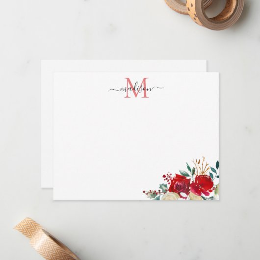 Kerstmis Bloem Rode Bessen Hulst Monogram Notitiekaartje (Voorkant / Achterkant in situ)
