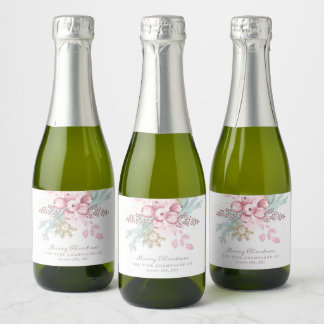 Kerstmis Bloemen Bessen Roze Champagne Labels Sparkling Wijnetiket