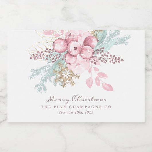 Kerstmis Bloemen Bessen Roze Champagne Labels Sparkling Wijnetiket (Enkel label)