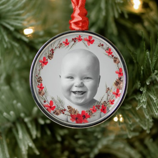 Kerstmis Bloemen en dennen - Baby's Foto Metalen Ornament (Boom)