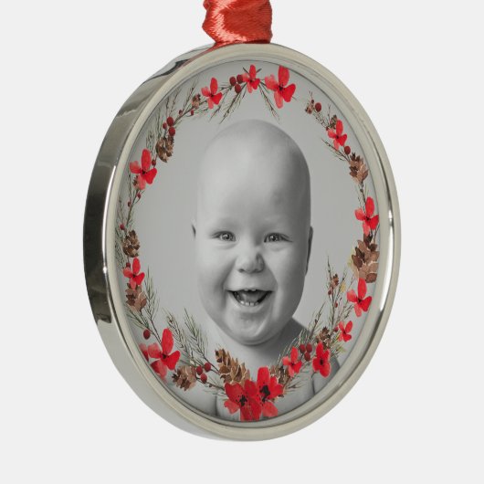 Kerstmis Bloemen en dennen - Baby's Foto Metalen Ornament (Rechts)
