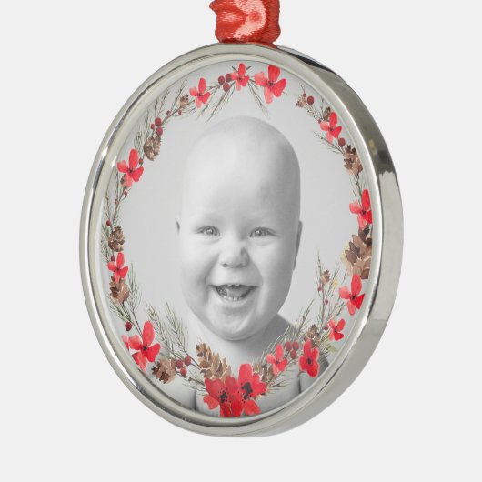 Kerstmis Bloemen en dennen - Baby's Foto Metalen Ornament (Links)