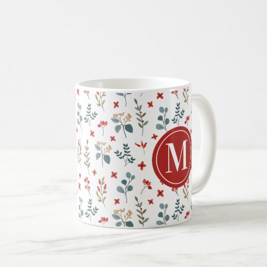 Kerstmis Bloemen Eucalyptus Bessen Monogram Koffiemok (Voorkant rechts)