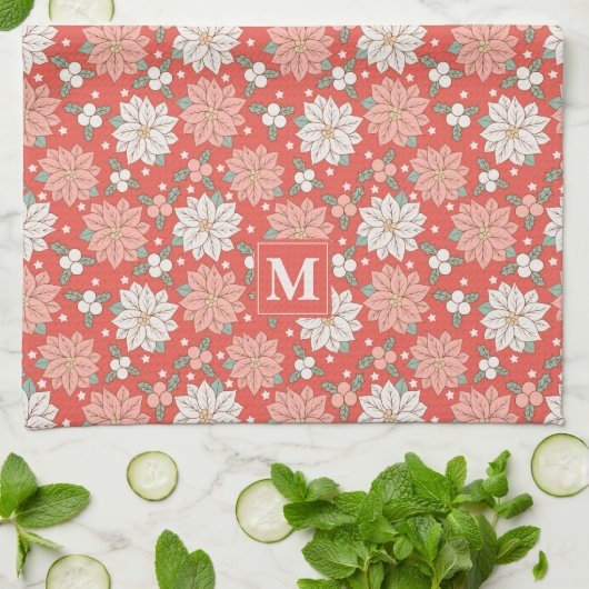 Kerstmis Bloemen Poinsettia Holly Custom Theedoek (Gevouwen)