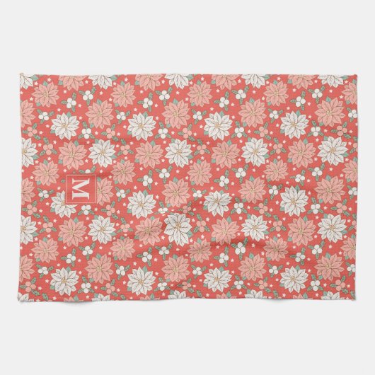 Kerstmis Bloemen Poinsettia Holly Custom Theedoek (Horizontaal)