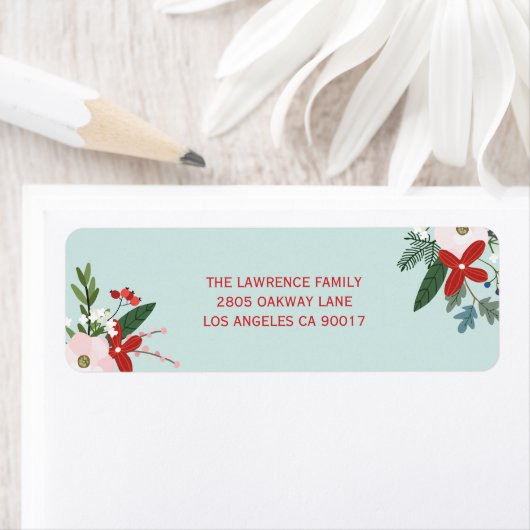 Kerstmis Bloemen Red Aqua Vakantie Adres Etiket (Insitu)