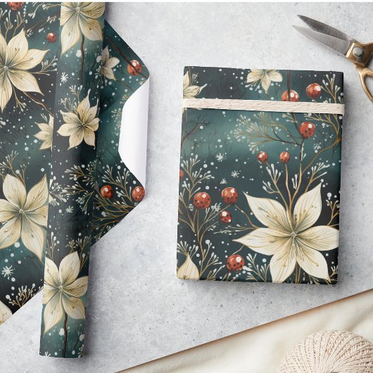 Kerstmis Bloemen Winter Cream Poinsettia Cadeaupapier