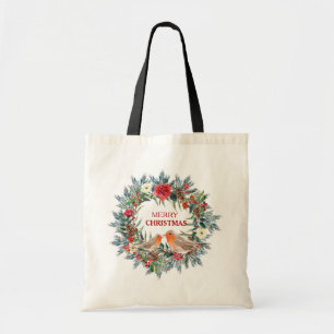 Kerstmis bloemenkrans met robin liefde vogels tote bag