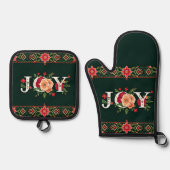 Kerstmis bloemrijke rand JOY Ovenwant & Pannenlap Set (Voorkant)