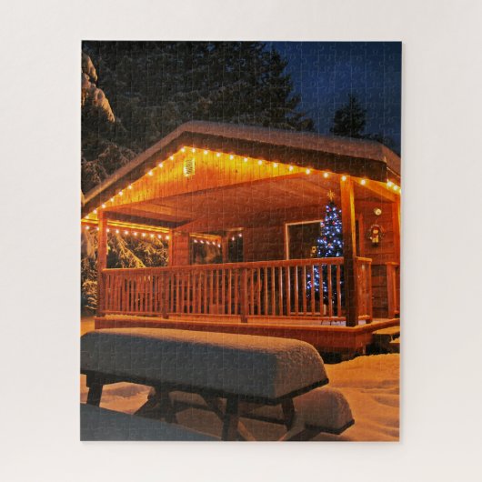 Kerstmis blokhut sneeuw nacht legpuzzel (Verticaal)