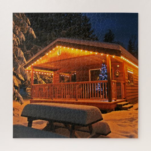 Kerstmis blokhut sneeuw nacht legpuzzel (Verticaal)