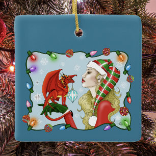 Kerstmis Blonde Elf Rode Draak Fantasie Keramisch Ornament