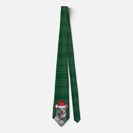 Kerstmis Blue Heeler Hond Groen Geruit Kerstfeest Stropdas (Voorkant)