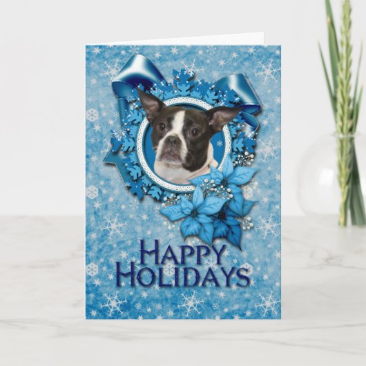 Kerstmis - Blue Snowflake - Boston & Rat Terrier Feestdagen Kaart (Voorkant)