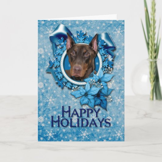 Kerstmis - Blue Snowflake - Doberman - Rocky Feestdagen Kaart (Voorkant)
