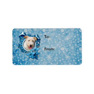 Kerstmis - Blue Snowflake Wire Fox Terrier Hailey Etiket