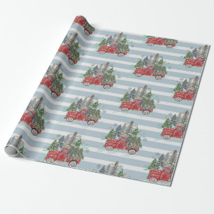 Kerstmis boerenwagen Bomen Blauwe Strepen Cadeaupapier
