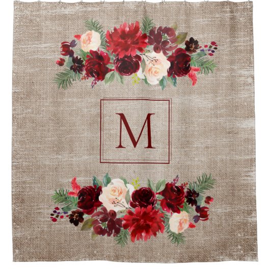 Kerstmis Boho Chic Bloementak Burlap Monogram Douchegordijn (Voorkant)
