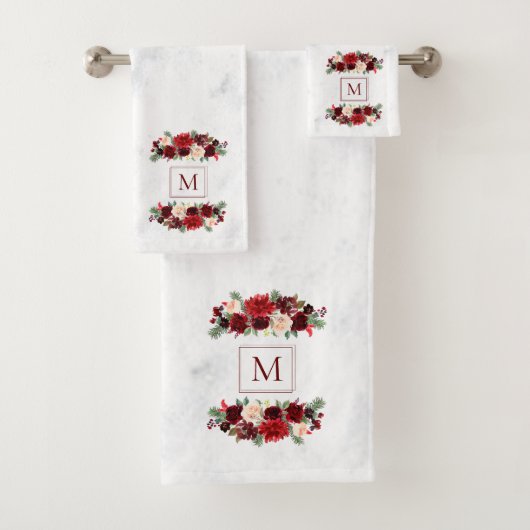 Kerstmis Boho Chic Bloementak Marmer Monogram Bad Handdoek (Insitu)