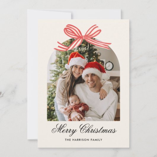 Kerstmis Boho Rode Strik Lint 2 Foto Feestdagenkaart (Voorkant)