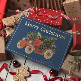 Kerstmis bomen Oude Rode Truck Vintage Stijl Folie Feestdagenkaart