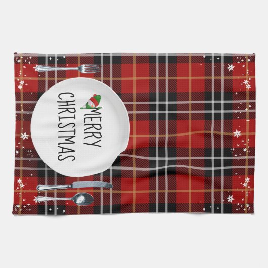 Kerstmis Bord op Tartan Pset Kitchen Towel Theedoek (Horizontaal)