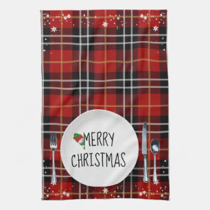 Kerstmis Bord op Tartan Pset Kitchen Towel Theedoek