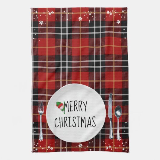 Kerstmis Bord op Tartan Pset Kitchen Towel Theedoek (Verticaal)