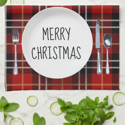 Kerstmis Bord op tartan Theedoek (Gevouwen)