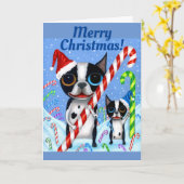 Kerstmis Boston Terrier Dogs Candy Cane Santa Hat Kaart (Gele Bloem)