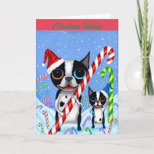Kerstmis Boston Terrier Dogs Candy Cane Santa Hat Kaart (Voorkant)