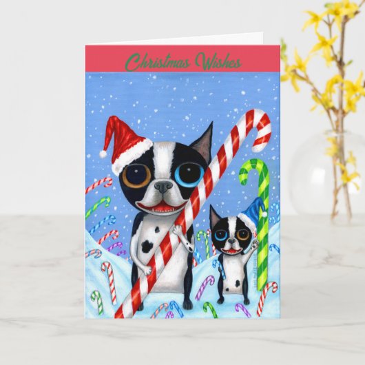 Kerstmis Boston Terrier Dogs Candy Cane Santa Hat Kaart (Gele Bloem)