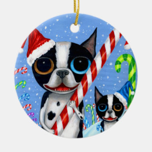 Kerstmis Boston Terrier Dogs Candy Cane Santa Hat Keramisch Ornament