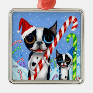 Kerstmis Boston Terrier Dogs Candy Cane Santa Hat Metalen Ornament