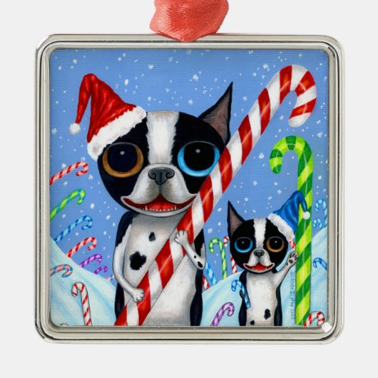 Kerstmis Boston Terrier Dogs Candy Cane Santa Hat Metalen Ornament (Voorkant)