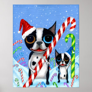 Kerstmis Boston Terrier Dogs Candy Cane Santa Hat Poster