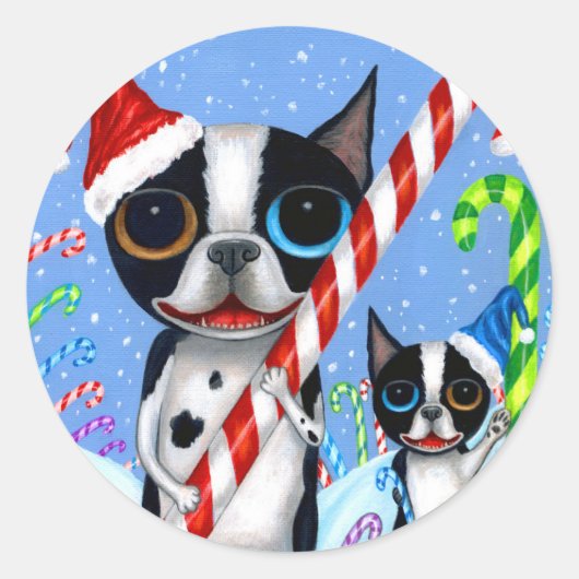 Kerstmis Boston Terrier Dogs Candy Cane Santa Hat Ronde Sticker (Voorkant)