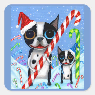 Kerstmis Boston Terrier Dogs Candy Cane Santa Hat Vierkante Sticker