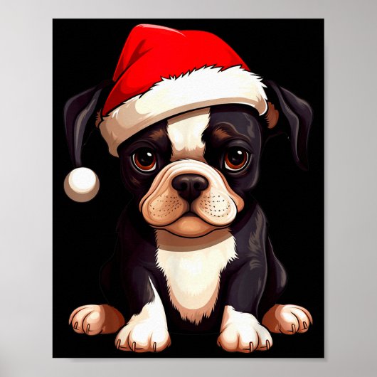 Kerstmis Boston Terrier Hond Kerstman Hoed Grappig Poster (Voorkant)