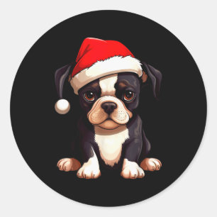 Kerstmis Boston Terrier Hond Kerstman Hoed Grappig Ronde Sticker